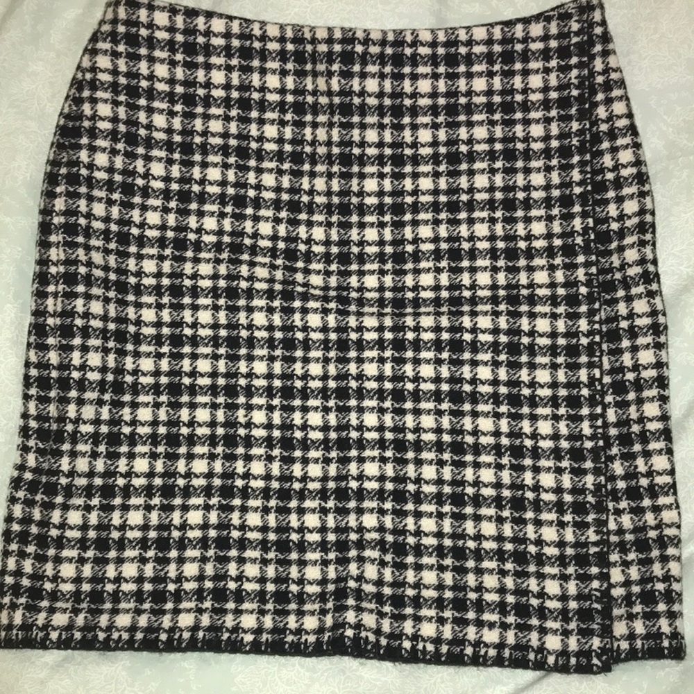 Black and white plaid faux wrap wool skirt